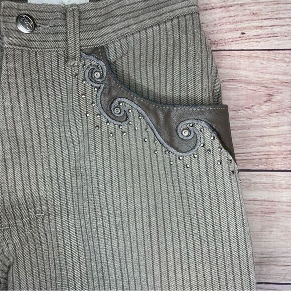 Cache Women’s Small Size 4 Brown Pin Striped Rhinestone Pockets Cotton Pants - Picture 2 of 9